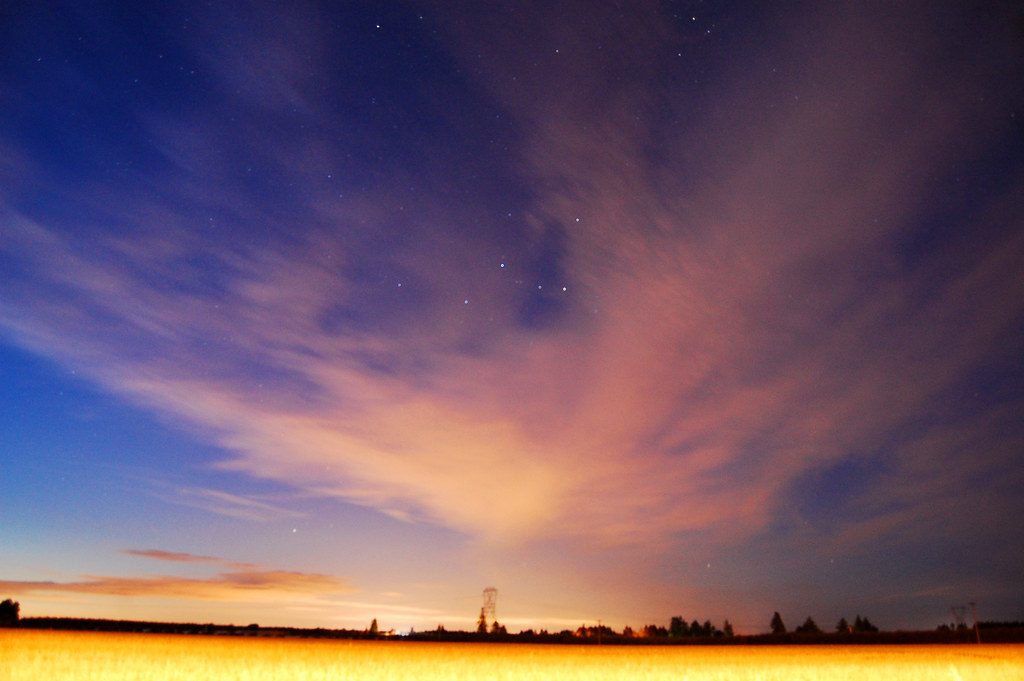 Quiet rural landscape at night under a star-filled sky