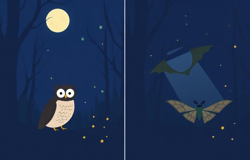 Owl, bat, and moth in a night forest disturbed by artificial light