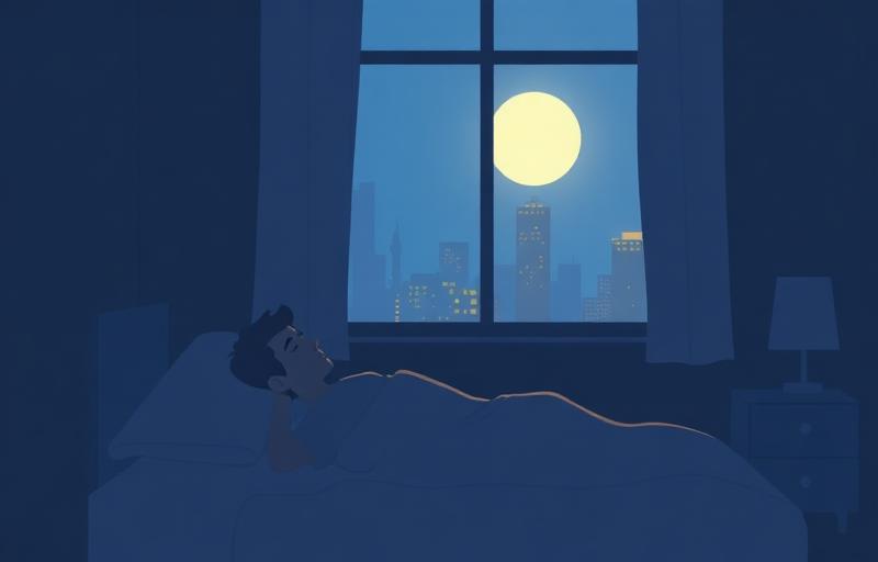 Person in bed with bright city light streaming through the window