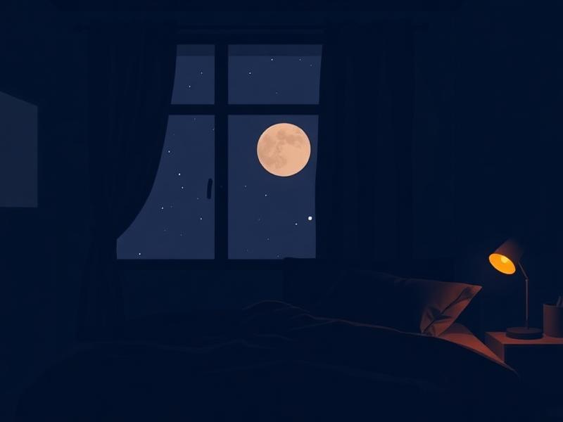 Dark bedroom with blackout curtains and a warm bedside lamp