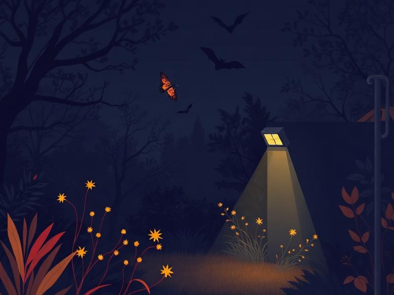 Dark garden at night with bats, a moth and glowing wildflowers